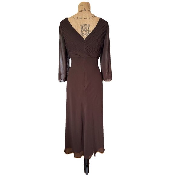 NWT COLDWATER CREEK Dress Brown Pleated Chiffon 3/4 Sleeve V Neck Y2k Fairy 12 - Picture 3 of 10